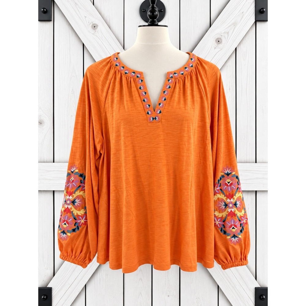 Belle Boho Kim Gravel Top Medium Orange Floral Embroidered Long Sleeve V-Neck
